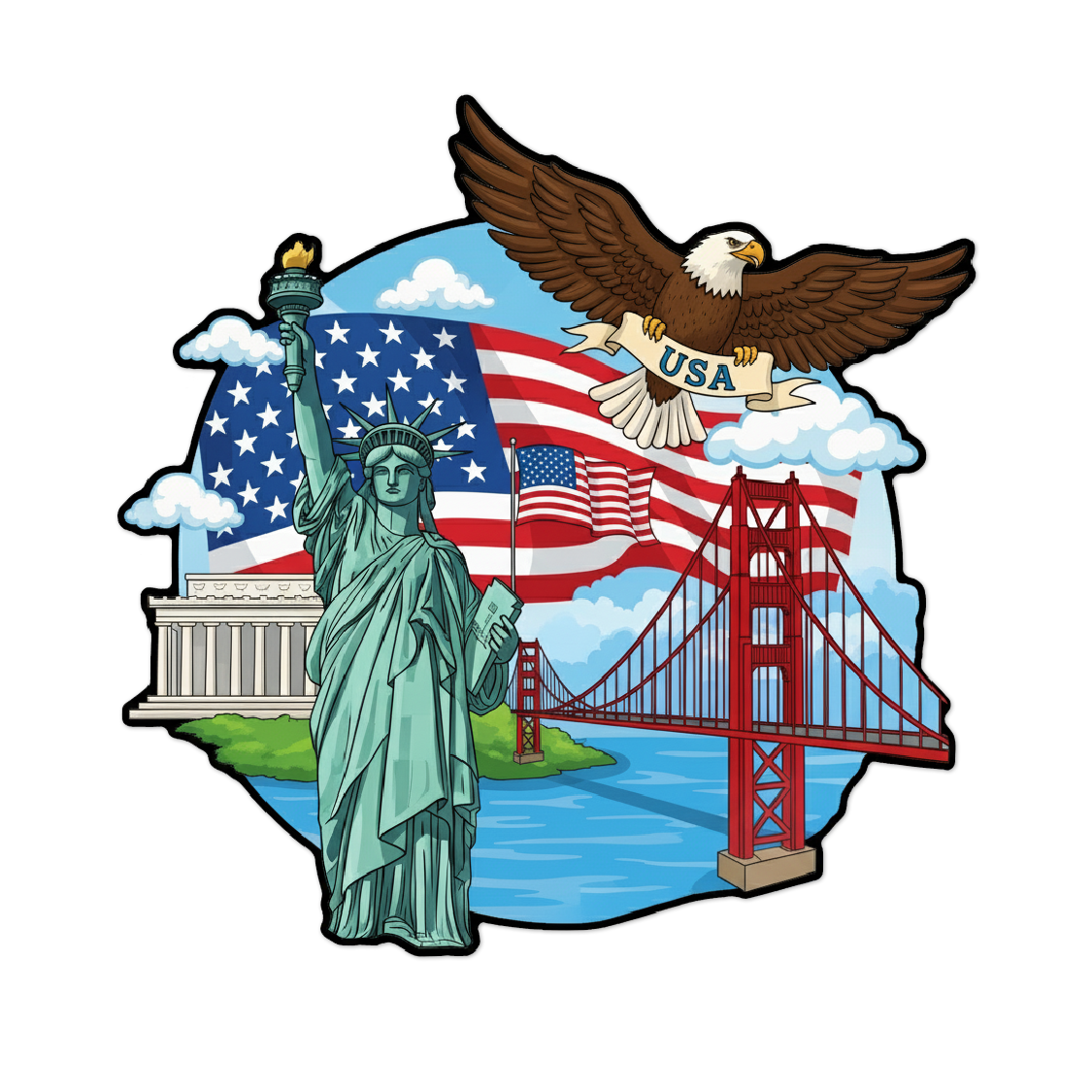 3-inch sticker celebrating the United States with an Bald Eagle, the Statue of Liberty, American flag, and Golden Gate Bridge.