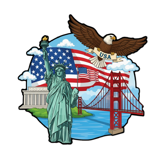 3-inch sticker celebrating the United States with an Bald Eagle, the Statue of Liberty, American flag, and Golden Gate Bridge.