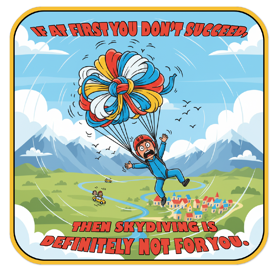 Sticker of a cartoon character skydiving with text about success and skydiving