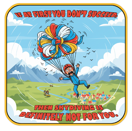 Sticker of a cartoon character skydiving with text about success and skydiving