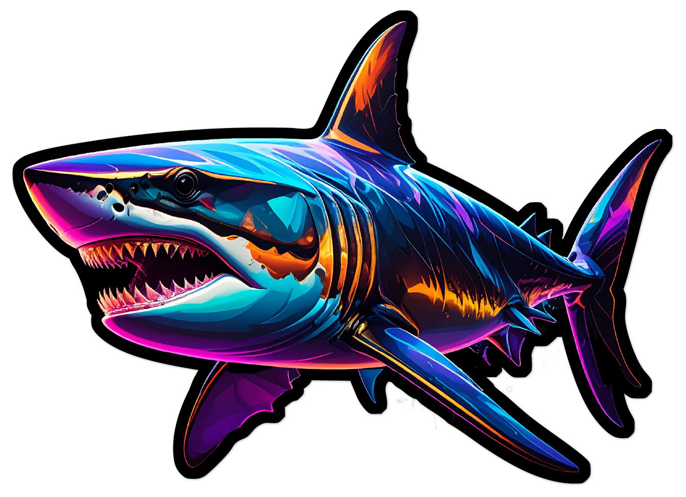 Sticker of a colorful shark illustration on a black background