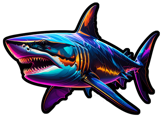 Sticker of a colorful shark illustration on a black background
