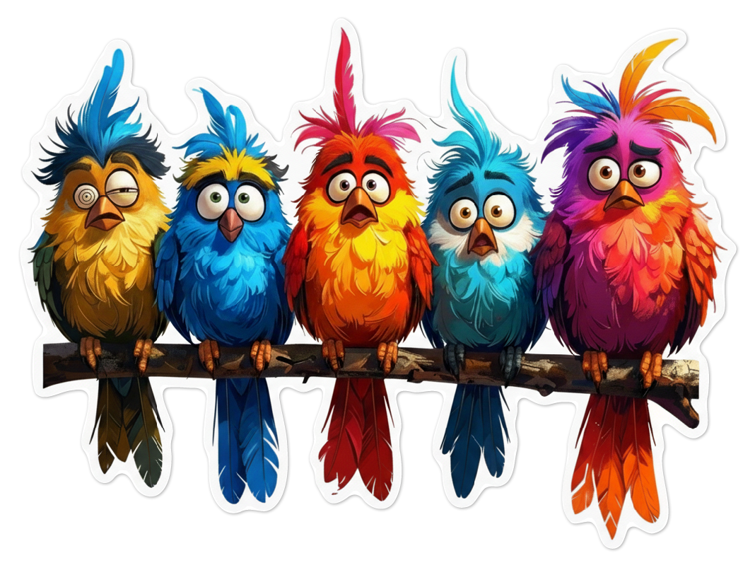 Sticker of five colorful cartoon birds sitting on a branch