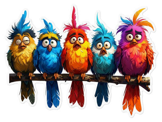 Sticker of five colorful cartoon birds sitting on a branch