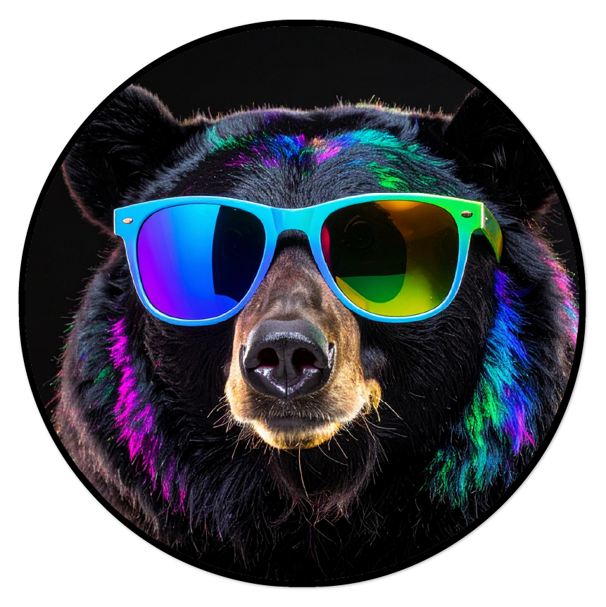 Sticker of a black bear wearing colorful sunglasses with a black background