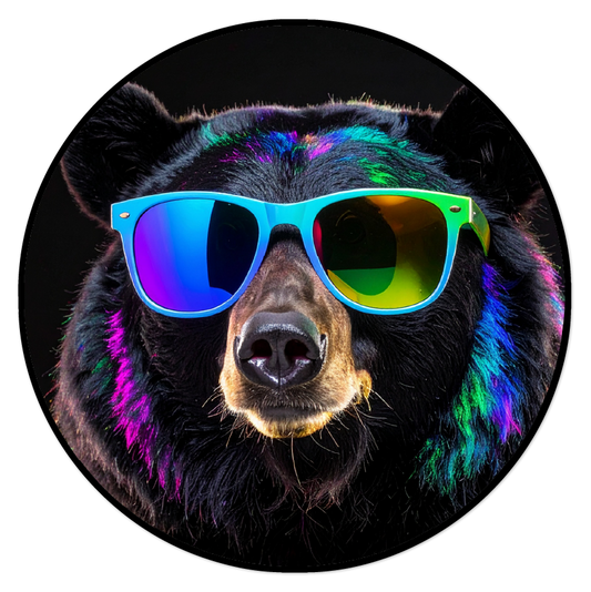 Sticker of a black bear wearing colorful sunglasses with a black background
