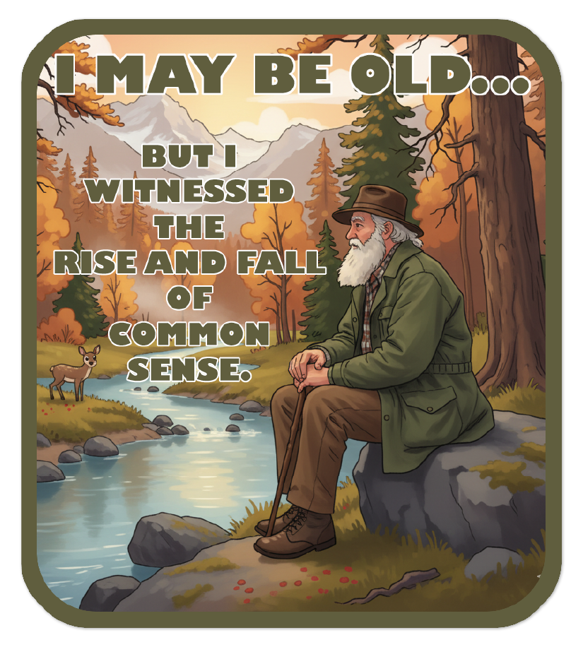 Sticker meme of a man sitting by a river with autumn scenery and text 'I may be old but I witnessed the rise and fall of common sense'.