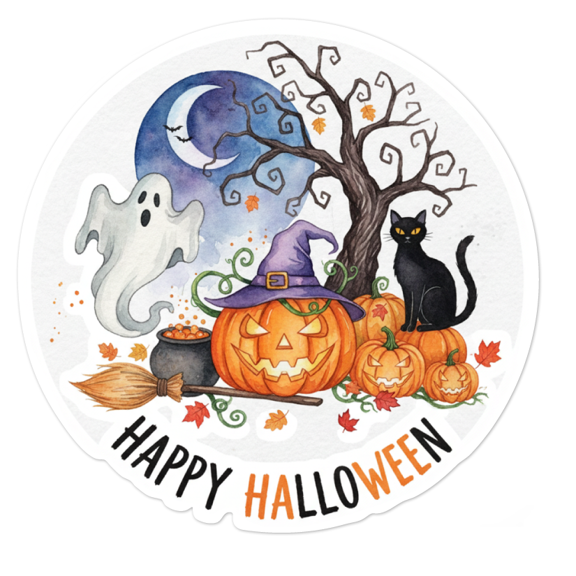 Halloween with a Pumpkin Ghost & Cat