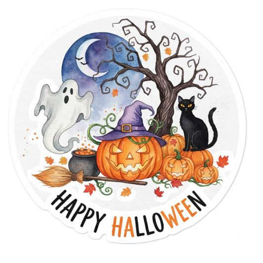 Halloween with a Pumpkin Ghost & Cat