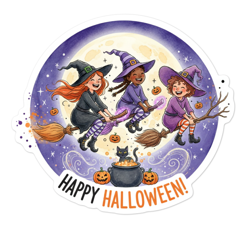 Halloween Witches on Broomsticks