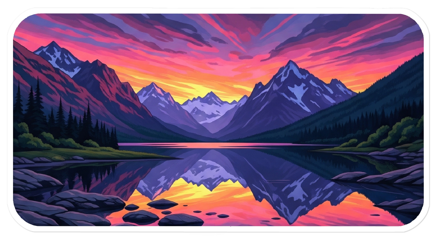 Mountains and Lake with Colorful Sunset