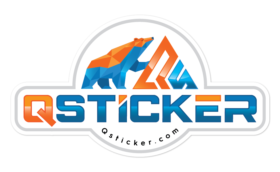 QSticker logo with colorful geometric bear design on a white background
