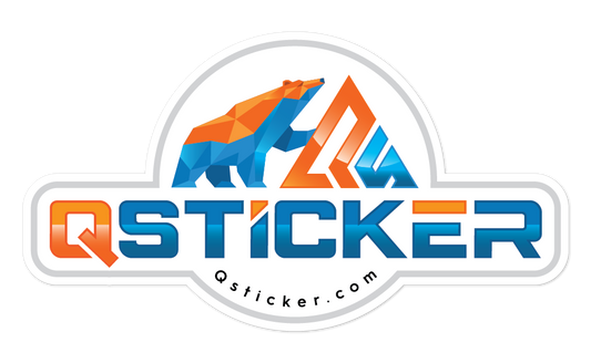 QSticker logo with colorful geometric bear design on a white background