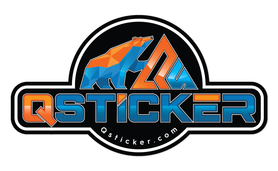 QSticker logo with colorful geometric bear design on a black background