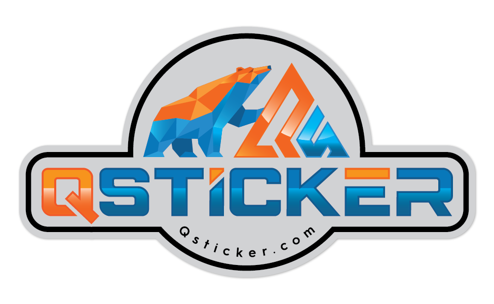QSticker logo with colorful geometric bear design on a grey background