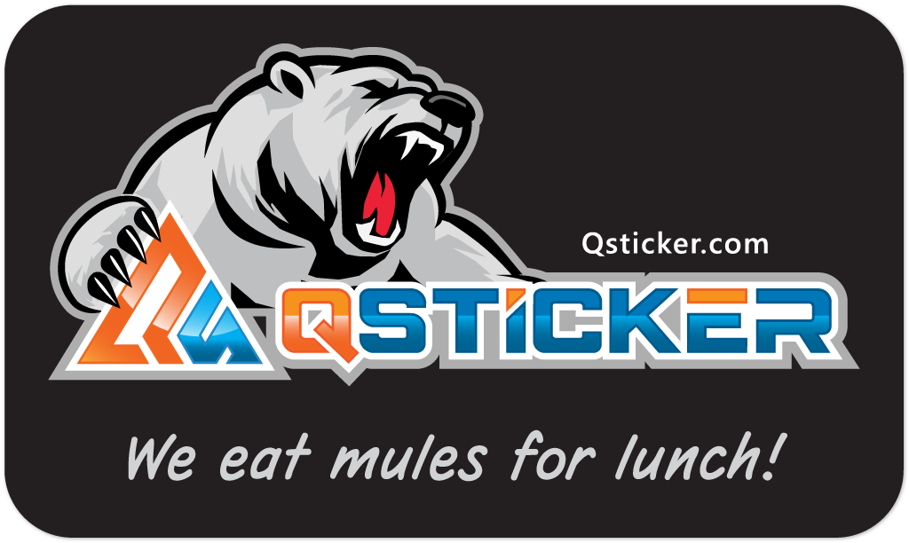 QSticker logo with a bear graphic and humorous text on a black background