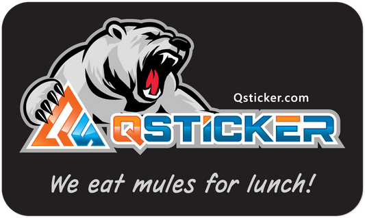 QSticker logo with a bear graphic and humorous text on a black background