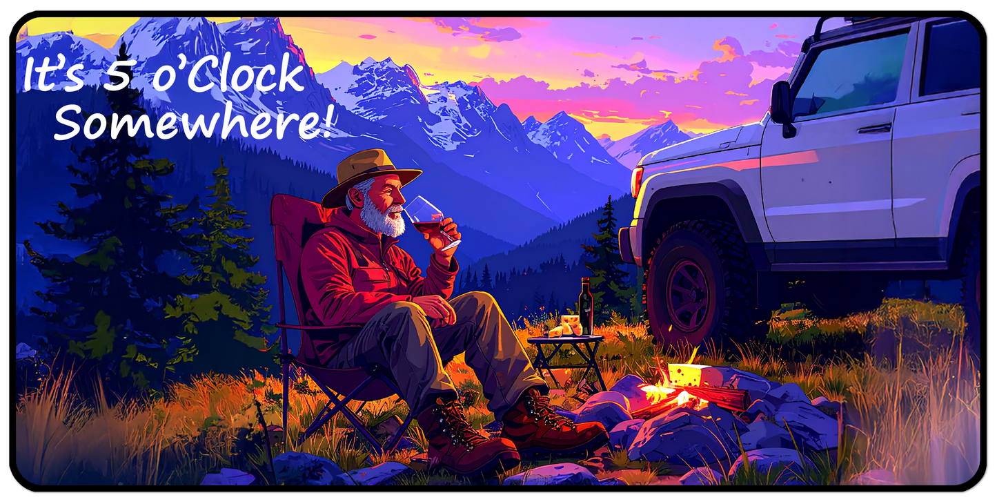Bumper style sticker of a man sitting by a campfire with mountains in the background and 'It's 5 o'clock Somewhere!' text.