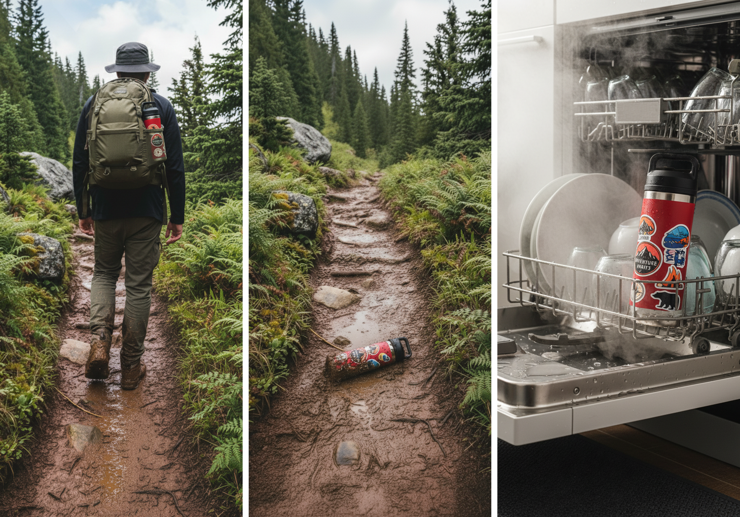 Hiker with a sticker covered water bottle on a muddy trail followed by a steaming dishwasher with a clean water bottle.