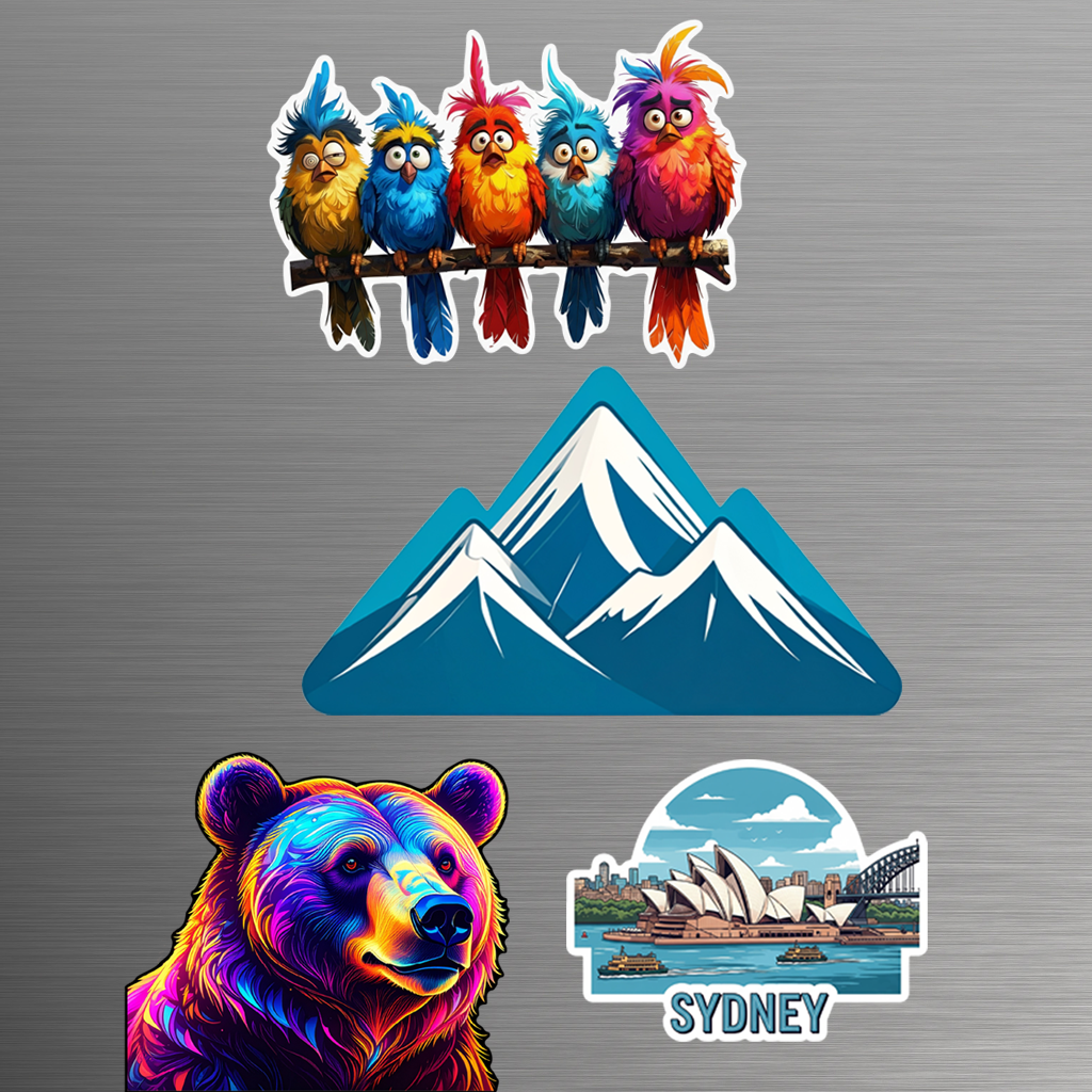 Examples of Die-Cut stickers on a metallic surface
