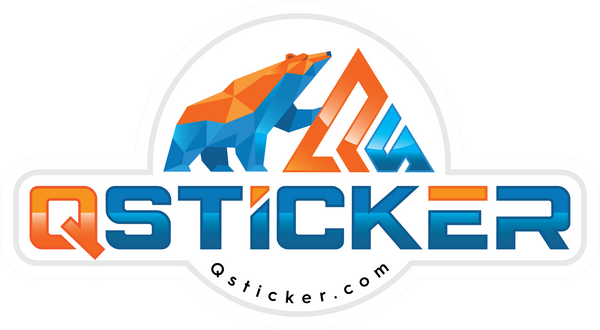 QSticker logo with stylized bear design and website URL on a white background