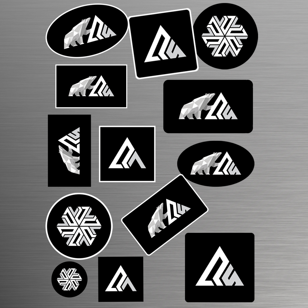 Examples of standard sticker shapes on a metallic surface