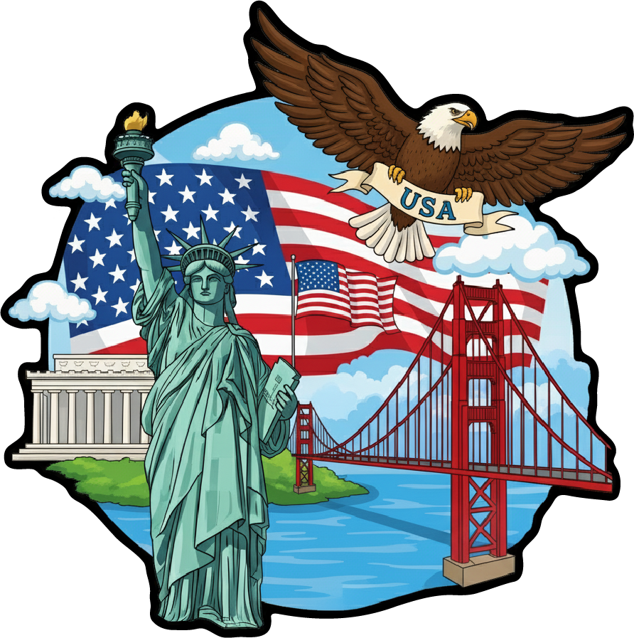 3-inch sticker celebrating the United States with an Bald Eagle, the Statue of Liberty, American flag, and Golden Gate Bridge.