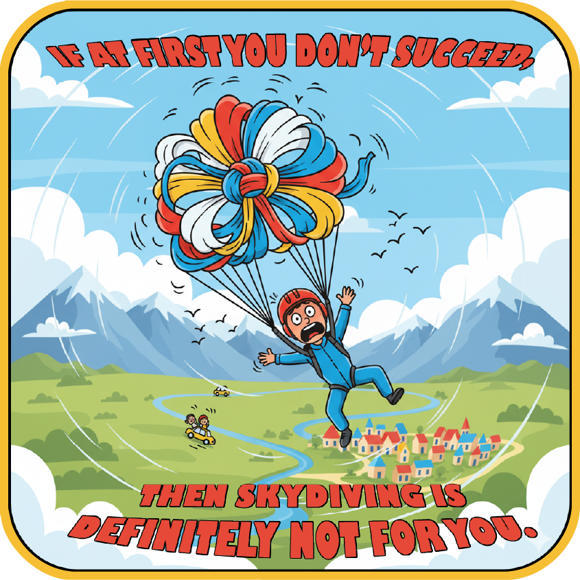 Sticker of a cartoon character skydiving with text about success and skydiving