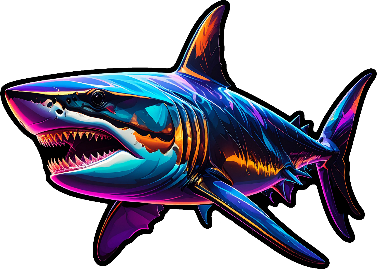 Sticker of a colorful shark illustration on a black background