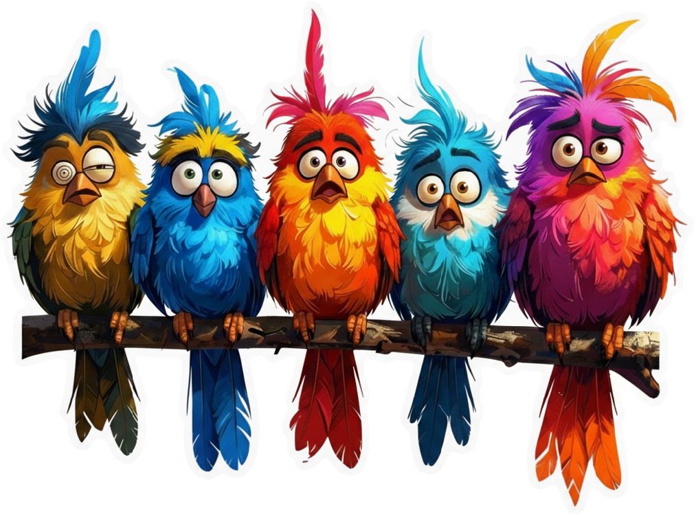 Sticker of five colorful cartoon birds sitting on a branch