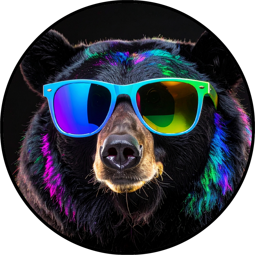 Image of a black bear with holographic highlights wearing colorful sunglasses