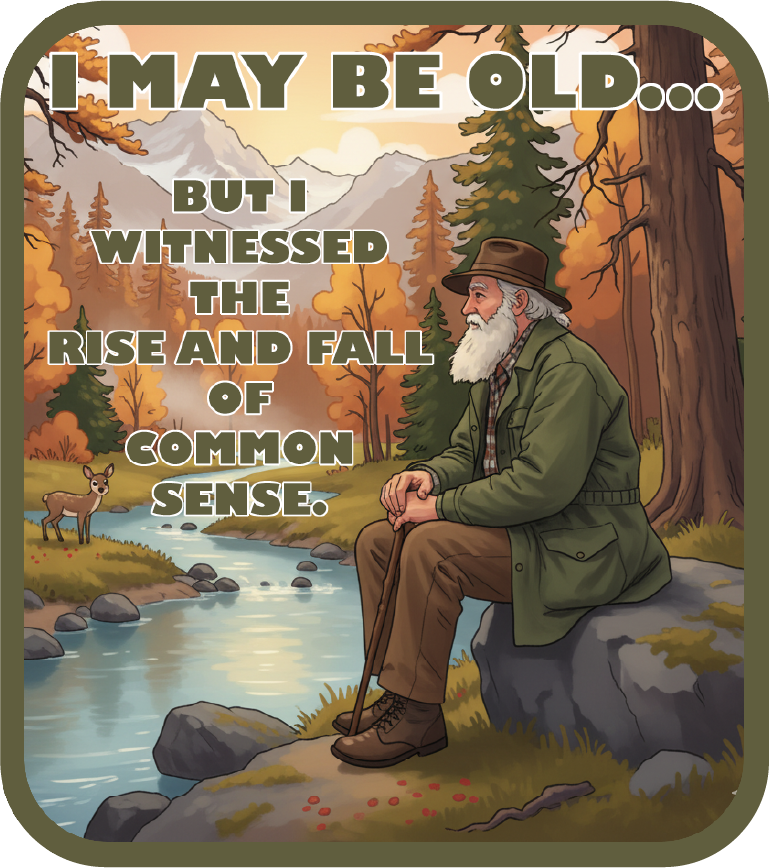Sticker meme of a man sitting by a river with autumn scenery and text 'I may be old but I witnessed the rise and fall of common sense'.