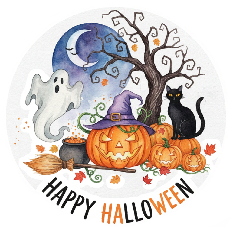 Halloween with a Pumpkin Ghost & Cat