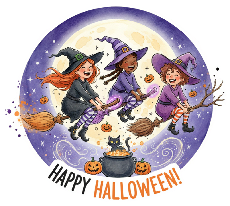 Halloween Witches on Broomsticks