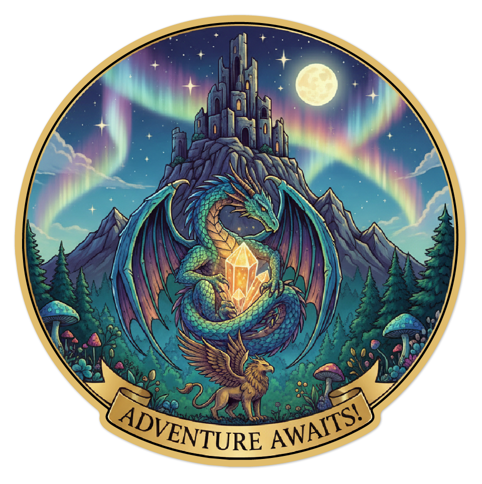 Dragon holding a crystal with a castle and aurora in the background, featuring the text 'Adventure Awaits!'.