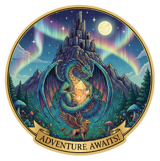 Dragon holding a crystal with a castle and aurora in the background, featuring the text 'Adventure Awaits!'.