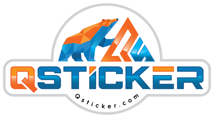 QSticker logo with colorful geometric bear design on a white background