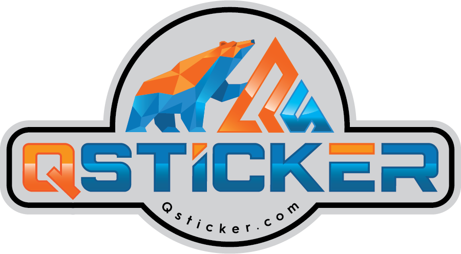 QSticker logo with colorful geometric bear design on a grey background