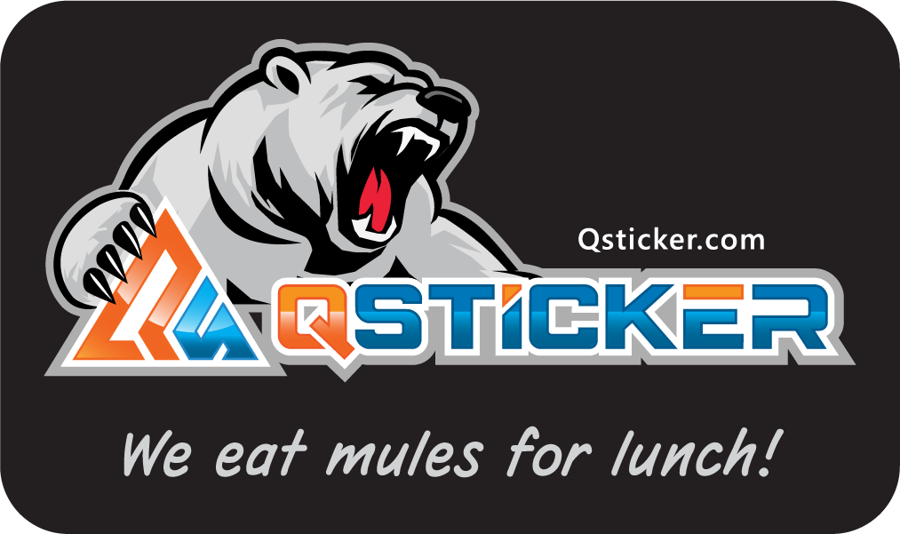 QSticker logo with a bear graphic and humorous text on a black background
