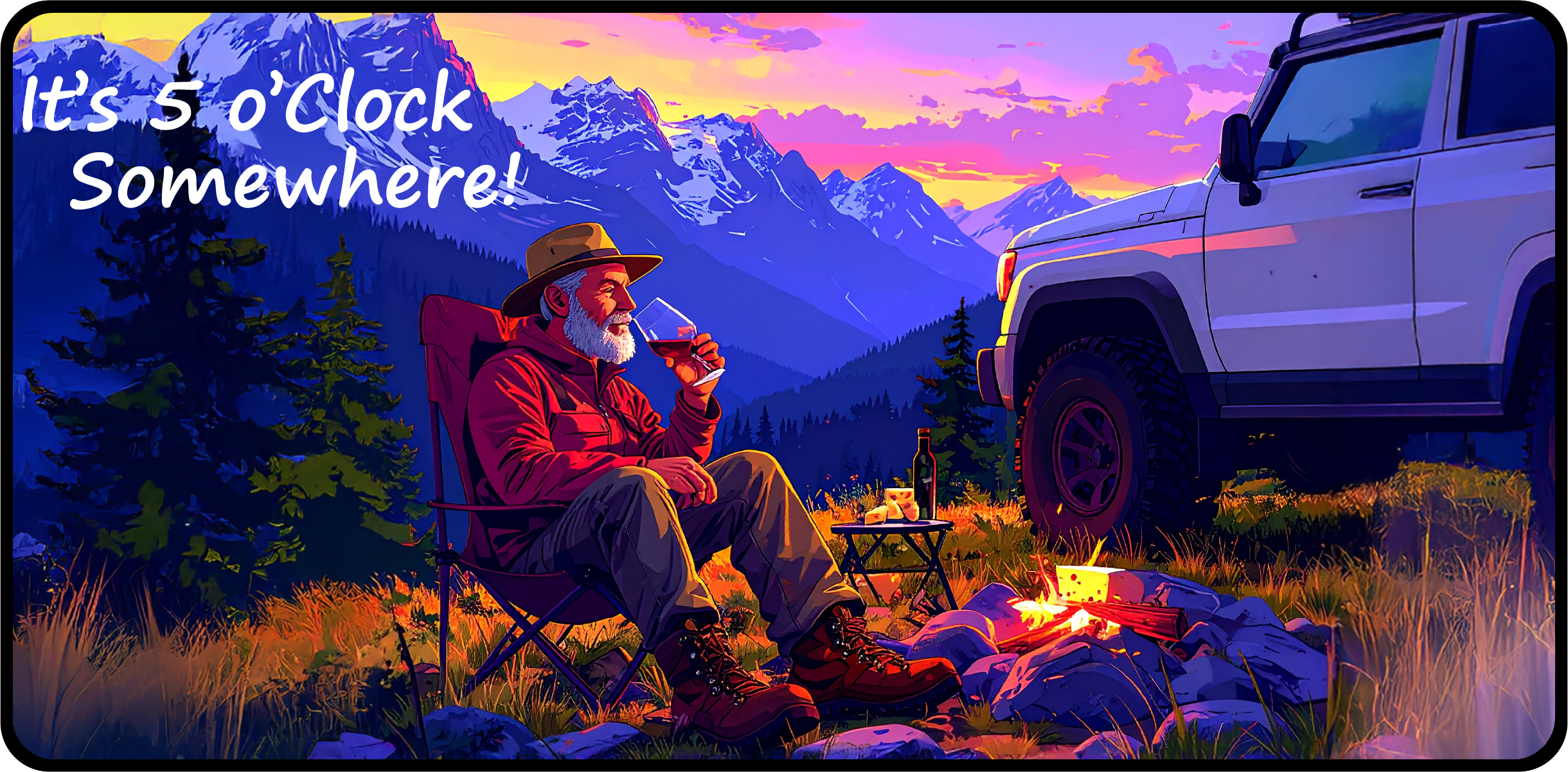 Bumper style sticker of a man sitting by a campfire with mountains in the background and 'It's 5 o'clock Somewhere!' text.