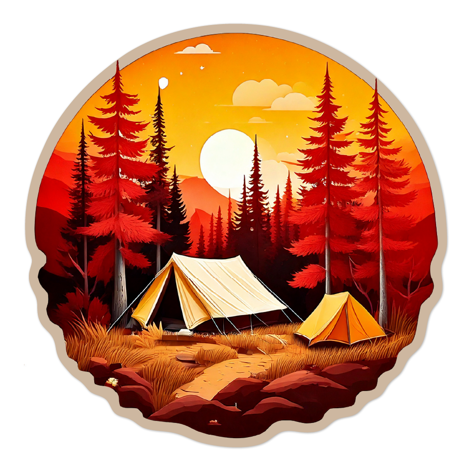 3-inch sticker of a camping scene with two tents in a forest at sunset on a fall day.