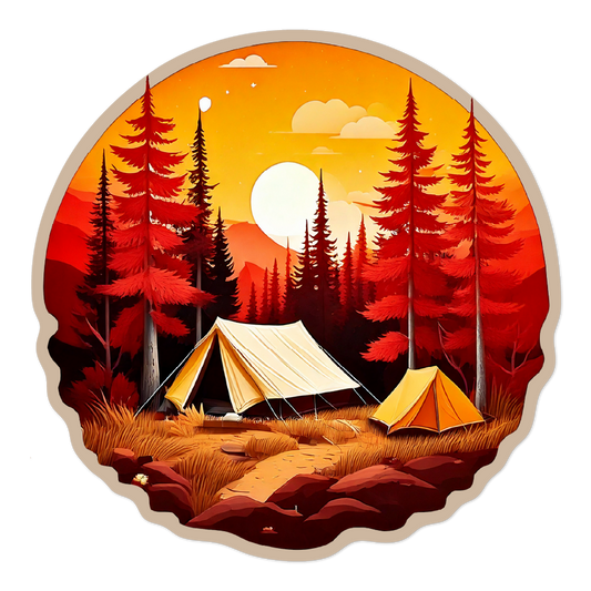 3-inch sticker of a camping scene with two tents in a forest at sunset on a fall day.