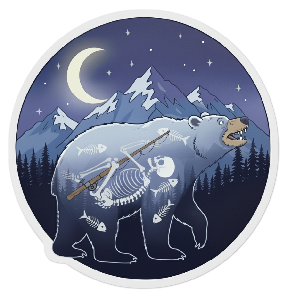 3-inch sticker with a bear design featuring a skeleton, fish, and a crescent moon on a mountainous background.