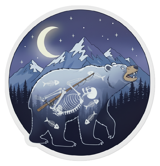 3-inch sticker with a bear design featuring a skeleton, fish, and a crescent moon on a mountainous background.
