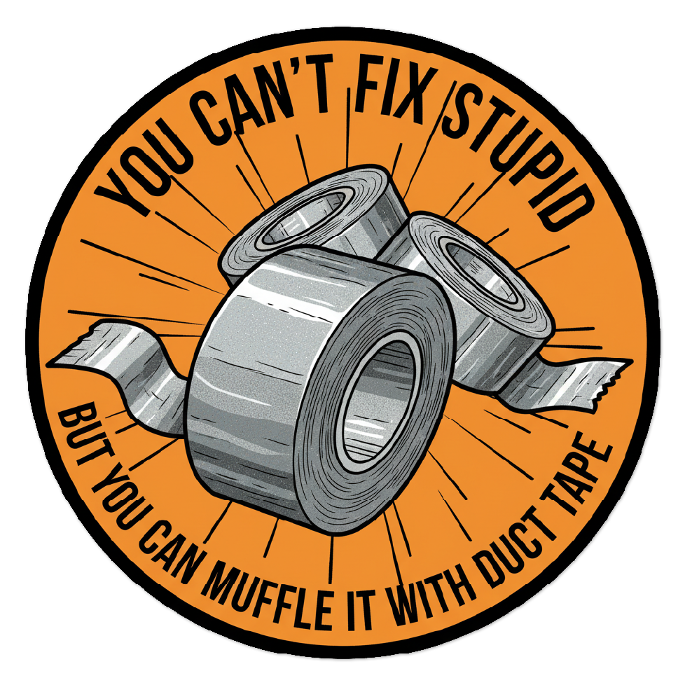 3-inch sticker of duct tape graphic with humorous text on an orange background