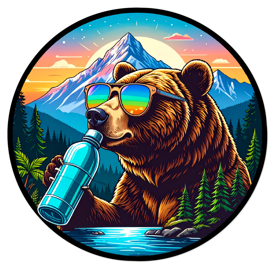 3-inch round sticker of a bear wearing sunglasses and holding a bottle in a mountainous landscape